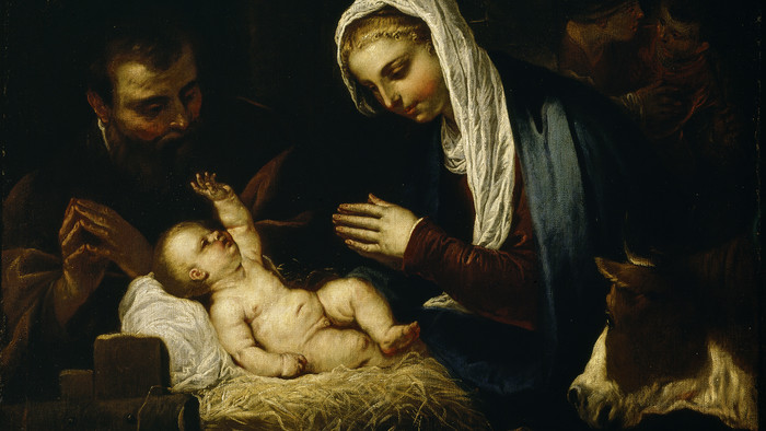 Gemälde von Maria und Josef, gebeugt über eine Krippe mit dem Jesuskind