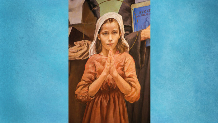 Zeichnung eines Mädchens mit gefalteten Händen und Heiligenschein
