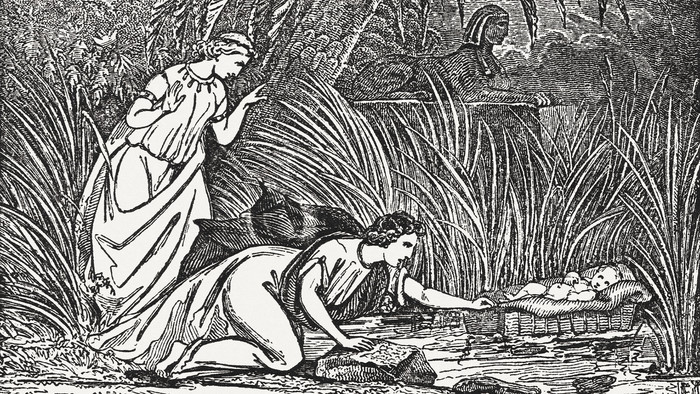 Enthüllung des neugeborenen Moses (Exodus 2), Holzschnitt, erschienen 1835