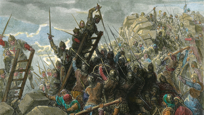 Sturmangriff auf die Stadt Akkon durch das Kreuzfahrerheer unter Philipp II. v. Frankreich und Richard Loewenherz am 11.07.1191, Holzstich nach G. Dore (1832–83). 