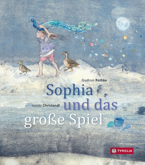 Buchcover “Sophia und das große Spiel” von Isolde Christandel und Gudrun Rathke zu sehen ist ein illustriertes Mädchen mit einem Pfau auf dem Kopf