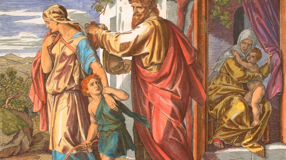 Gemälde der Verstoßung Ismaels, links im Bild Hagar und Ismael, Abraham in der Mitte schickt sie weg, rechts hinter einer Tür sitzt Sara mit dem kleinen Isaak auf dem Schoß