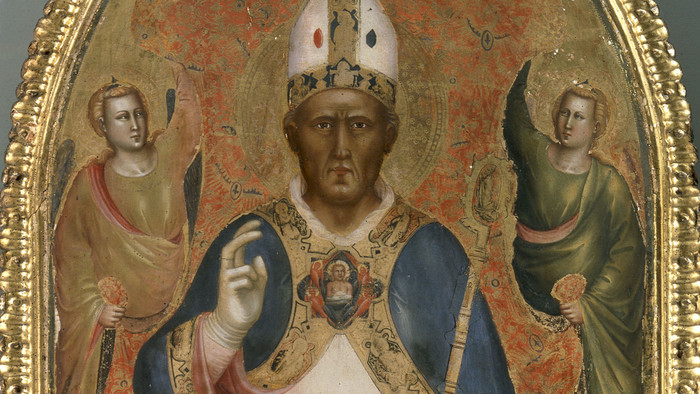 Gemälde des Heiligen Martin von Tours, zwei Engel an seinen beiden Seiten.
