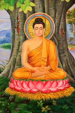 Illustration Siddharta Gautama in orangefarbenem Gewand meditierend unter einem Feigenbaum.