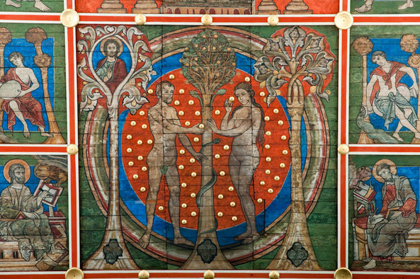 Gemälde von Adam und Eva im Paradies wie sie Früchte von einem Baum pflücken