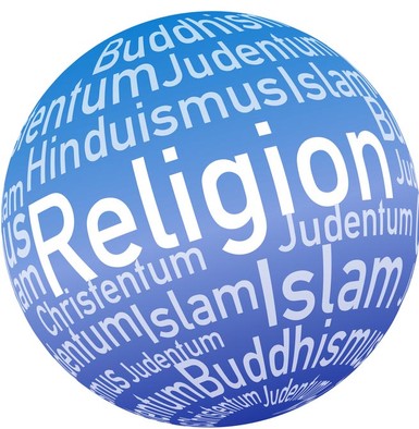Blaue Kugel mit den Begriffen Religion, Judentum, Christentum, Islam, Hinduismus, Buddhismus in weißer Schrift.