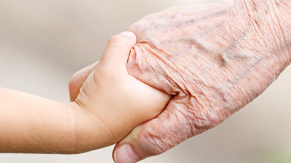 Eine Kinderhand hält die Hand eines alten Menschen. 