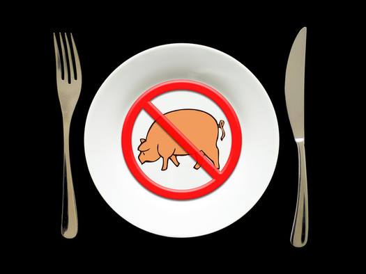 Weißer Teller mit einem gezeichneten Schwein, das rot durchgestrichen ist. Links eine Gabel, rechts ein Messer.
