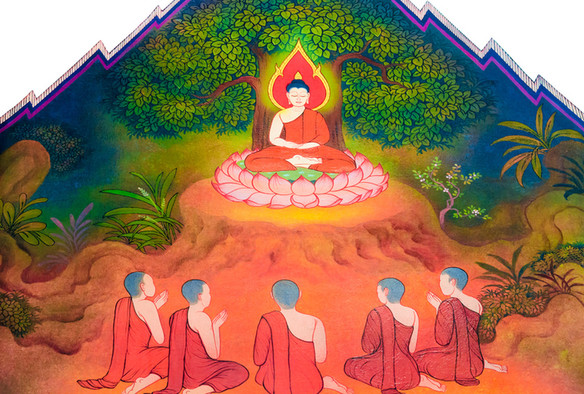 Zeichnung von Buddha auf einem Hügel mit fünf seiner Jünger, die ihm zu Füßen sitzen.