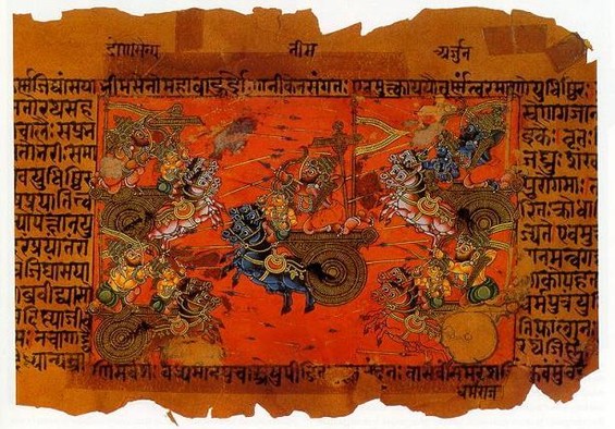 Alte Darstellung der Schlacht zu Kurukshetra, in rot mit schwarzen Pferden und um das Bild herum Sanskrit-Schrift