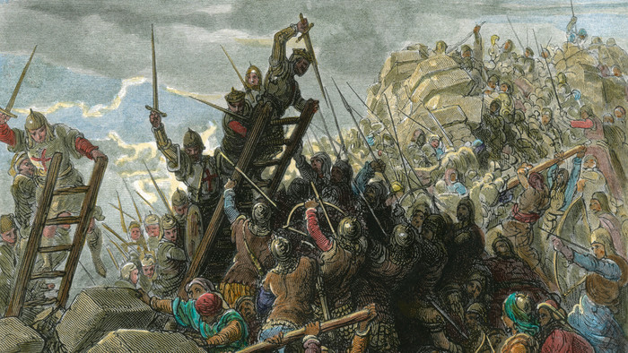 Sturmangriff auf die Stadt Akkon durch das Kreuzfahrerheer unter Philipp II. v. Frankreich u. Richard Loewenherz am 11.07.1191, Holzstich nach G.Dore