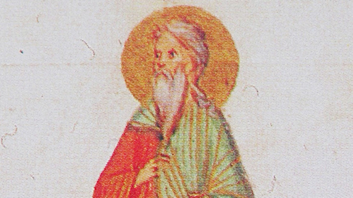 Zeichnung eines älteren Mannes mit grauem Haar und langem Bart, einem Heiligenschein und roter und grüner Kleidung.