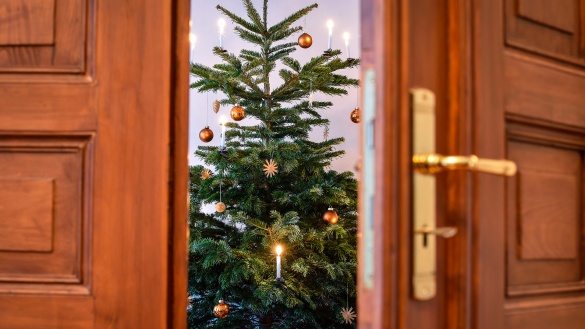 Ein geschmückter Weihnachtsbaum durch eine geöffnete Tür.