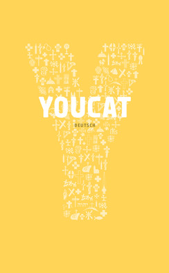 Buchcover “Youcat” vom Katechismus der Katholischen Kirche zu sehen ist ein großes Y vor einem gelben Hintergrund