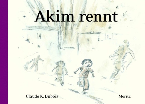 Buchcover “Akim rennt” von Claude K. Dubois zu sehen ist eine Bleistiftzeichnung, auf der mehrere Menschen aus einem zerstörten Dorf rennen
