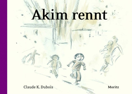 Buchcover “Akim rennt” von Claude K. Dubois zu sehen ist eine Bleistiftzeichnung, auf der mehrere Menschen aus einem zerstörten Dorf rennen
