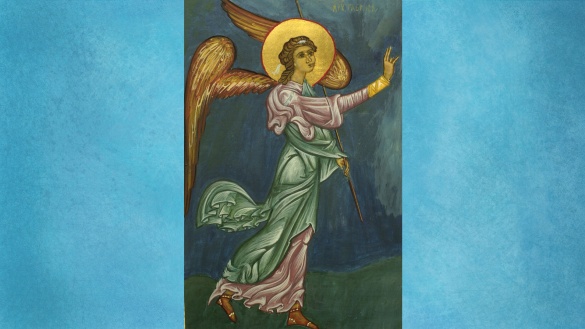 Gemälde eines Engels mit goldenen Flügeln und goldenem Schein um den Kopf