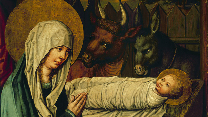 Gemälde von Maria und dem Jesuskind im Stall mit Ochse und Esel im Hintergrund