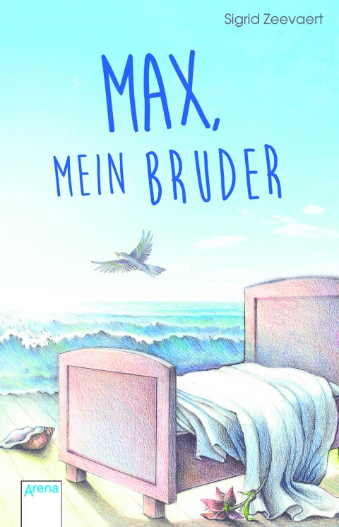 Buchcover “Max, mein Bruder” von Sigrid Zeevaert zu sehen ist ein leeres Bett am Meer