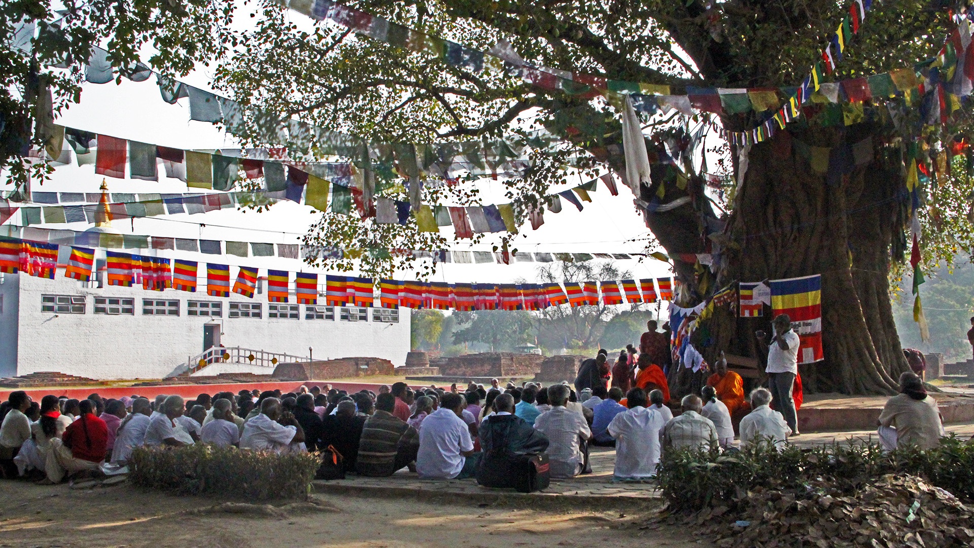 Mönch hält Predigt unter dem Bodhi-Baum