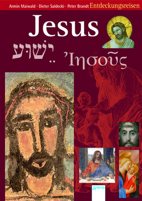 Buchcover “Jesus Jeschua Lesous” von Dieter Saldecki (Autor), Peter Brandt (Autor), Hauke Kock (Illustrator) zu sehen sind verschiedene Abbilder Jesu