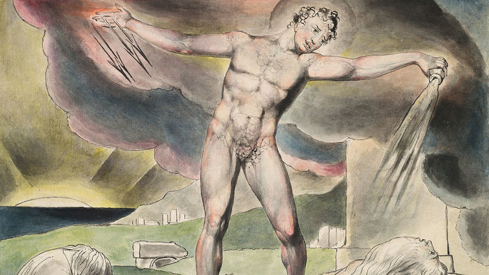 Zeichnung eines großen, nackten Mannes mit Heiligenschein. Vor einem bewölkten Himmel schüttet er Blitze aus der einen Hand und eine Flüssigkeit aus einem Topf in der anderen Hand aus.