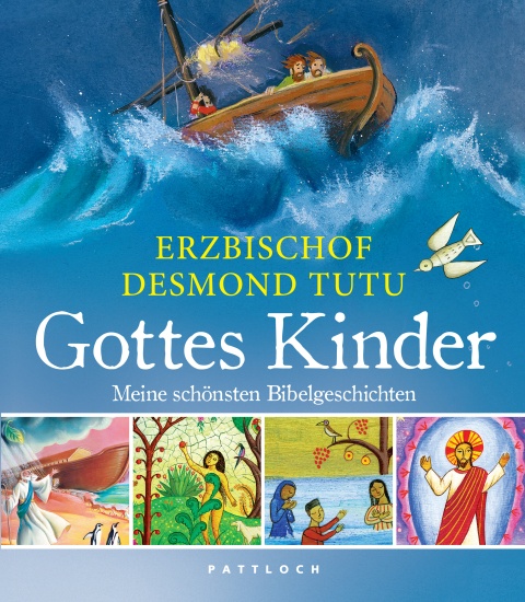 Buchcover “Gottes Kinder” von Erzbischof Desmond Tutu zu sehen ist eine Illustration eines Schiffs auf hoher See und weitere biblische Szenen