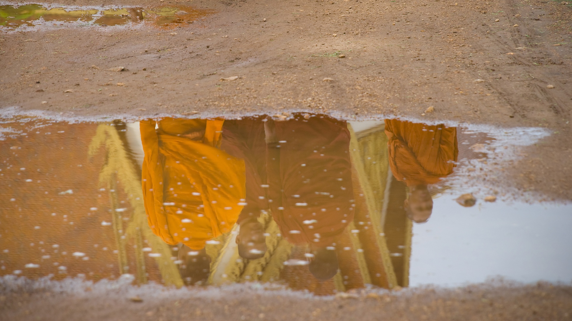 Buddhistische Mönche spiegeln sich in einer Pfütze