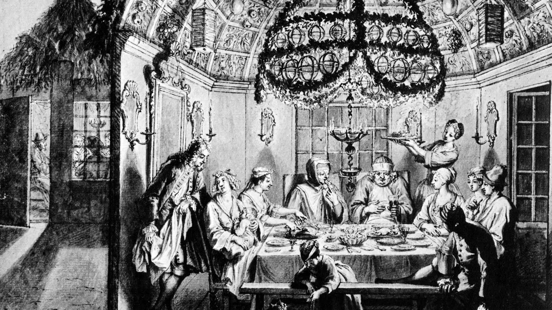 Kunstwerk Mahlzeit in der Sukka von Bernard Picart, Amsterdam 1722