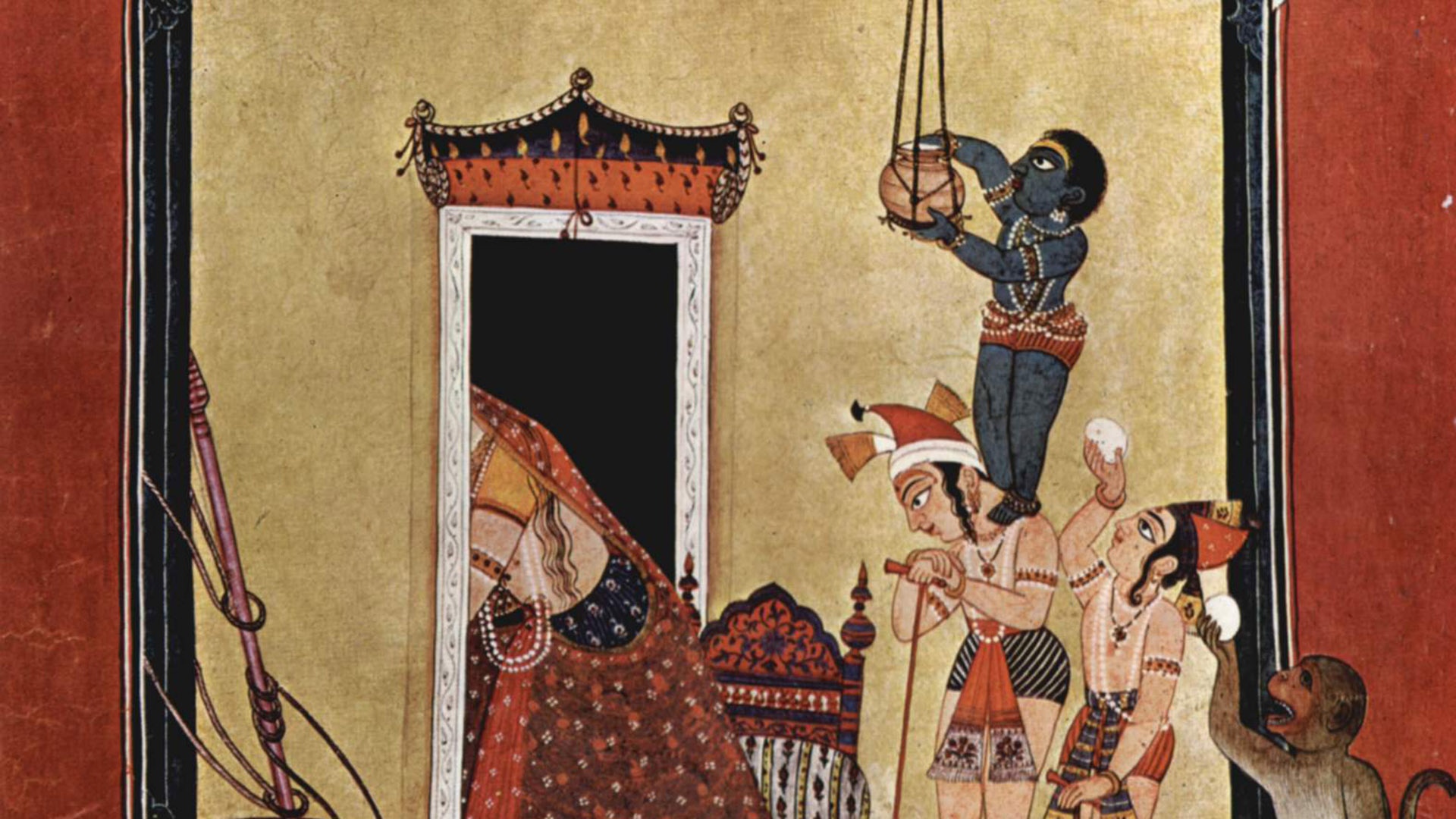 Kunstwerk eines indischen Malers, auf dem Krishna mit seinen Freunden heimlich von der Butter nascht 