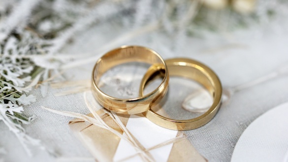 Zwei goldenen Eheringe auf einer grau-weißen Hochzeitsdeko.