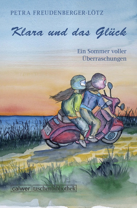 Buchcover “Klara und das Glück” von Petra Freudenberger-Lötz zu sehen sind zwei Personen mit Helm auf einem Motorrad