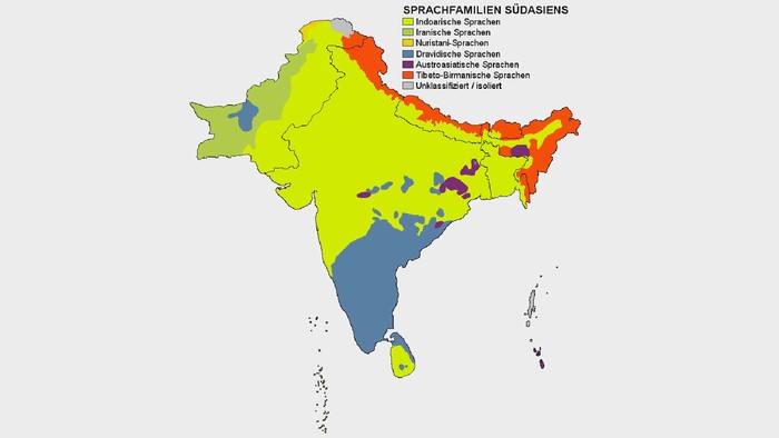 Karte der indoarischen Sprachen im Kontext der Sprachfamilien Südasiens