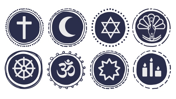 von links nach rechts: Christentum, Islam, Judentum, Jesidentum, Buddhismus, Hinduismus, Bahai, Alevitentum