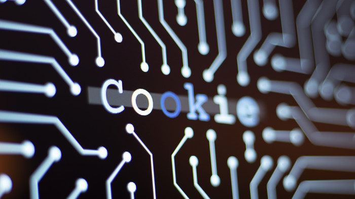 Computeransicht vieler leuchtender Linien mit dem Schriftzug Cookies in der Mitte