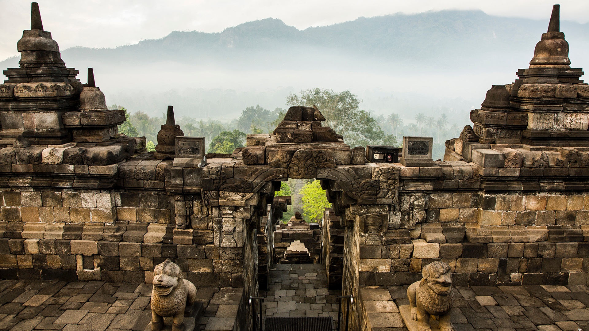 Tempel von Borobudur mit Stupas und Statuen