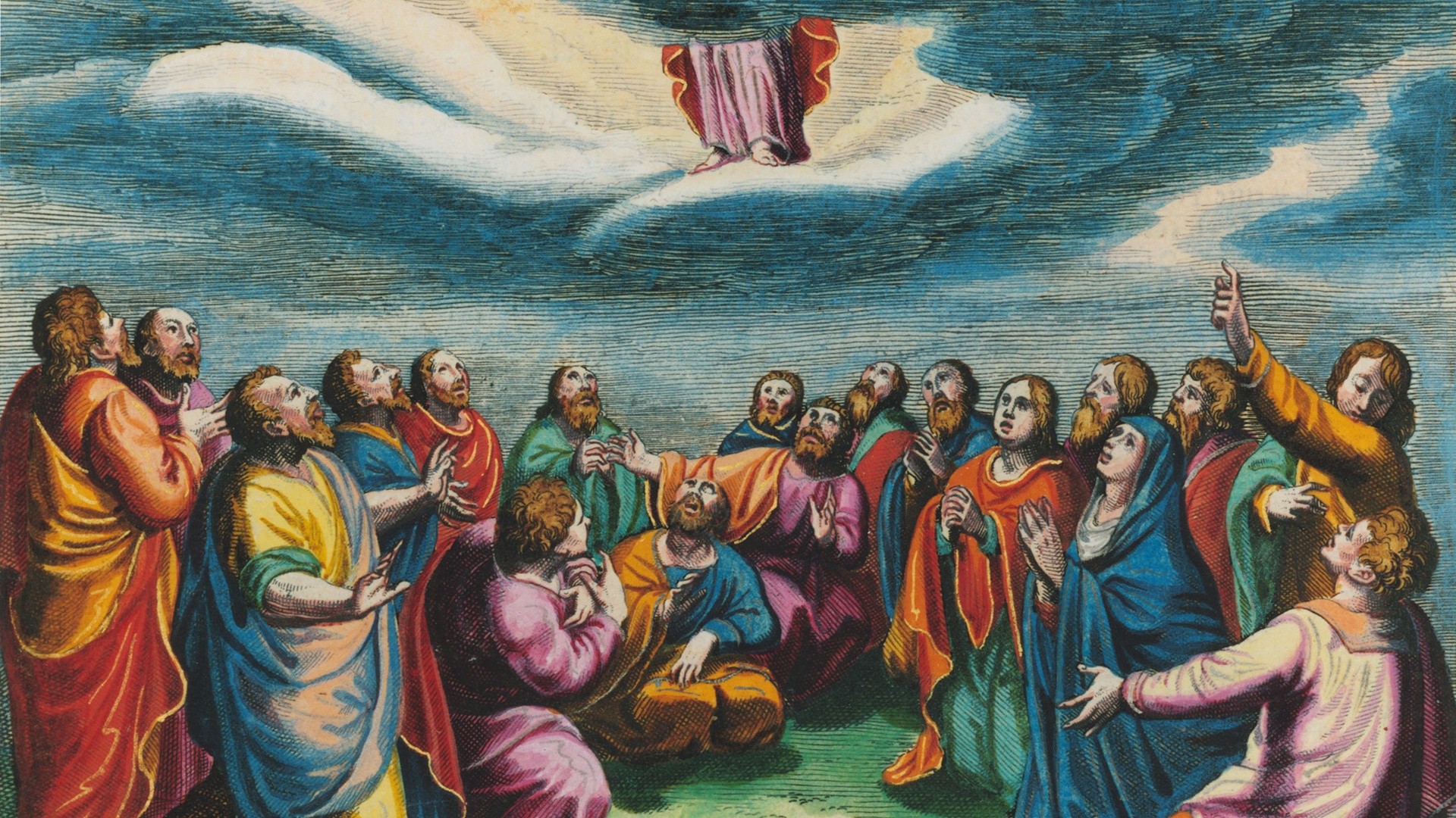 Kolorierter Kupferstich mit Motiv der Himmelfahrt Christi 