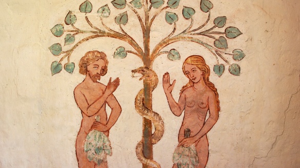 Gemälde von Adam und Eva mit Feigenblatt.