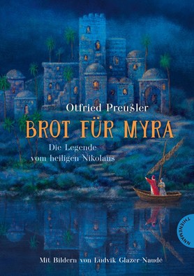 Buchcover "Brot für Myra" zeigt ein Boot mit zwei Menschen auf einem See vor einer Burg mit beleuchteten Fenstern und Palmen.