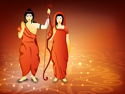 Illustration Prinz Rama mit Pfeil und Bogen, neben ihm seine Frau Sita.