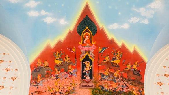 Illustration mit Siddharta Gautama, der auf einem Berg sitzt und von einer Jungfrau verführt werden soll und von Kriegern bedrängt wird.