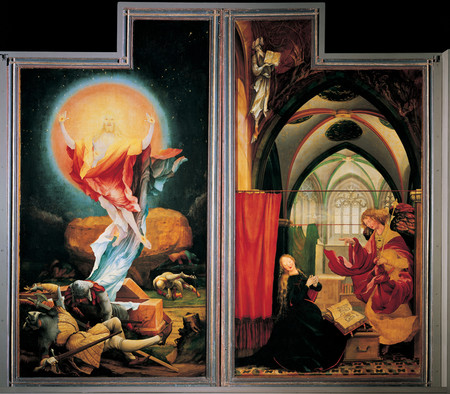 Teil des Isenheimer Altars mit einer gemalten Szene der Auferstehung von Jesus Christus.