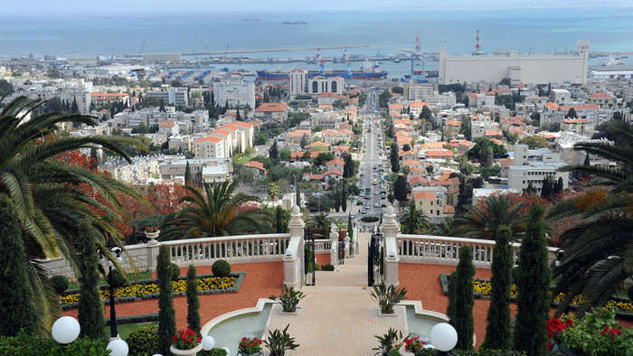 Blick vom Bahai-Zentrum auf den Hafen von Haifa (Israel) mit vielen hellen Häusern und Bäumen und Palmen dazwischen.