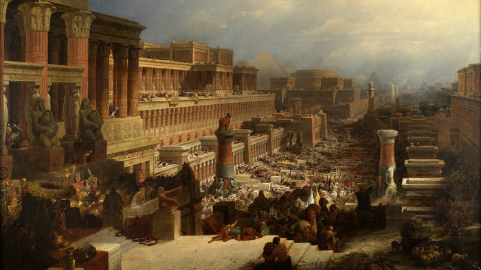 Gemälde von David Roberts: Der Auszug der Israeliten aus Ägypten. Zu erkennen ist ein Stadtbild mit vielen Säulen, viele Menschen unterwegs und im Hintergrund die Spitzen von Pyramiden.